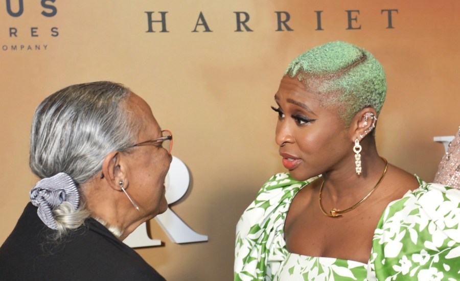 Judith Bryant, Harriet Tubman's great-great-grandniece, talks to actress Cythina Erivo at the Washington, DC premiere of "Harriet" at the Smithsonian National Museum Of African American History on October 22, 2019 in Washington, DC. (Photo by Shannon Finn