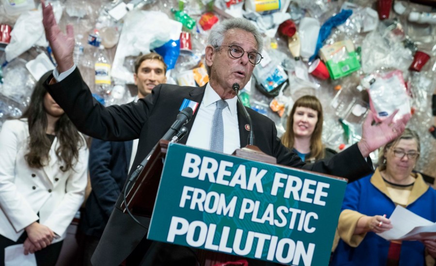 a photo of Rep. Alan Lowenthal speaking at a press conference in the U.S. Capitol about a new bill addressing plastic pollution