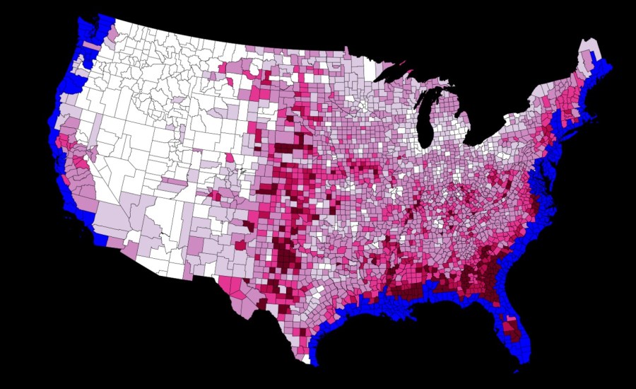 A model of the United States showing which areas might be affected by sea-level rise.