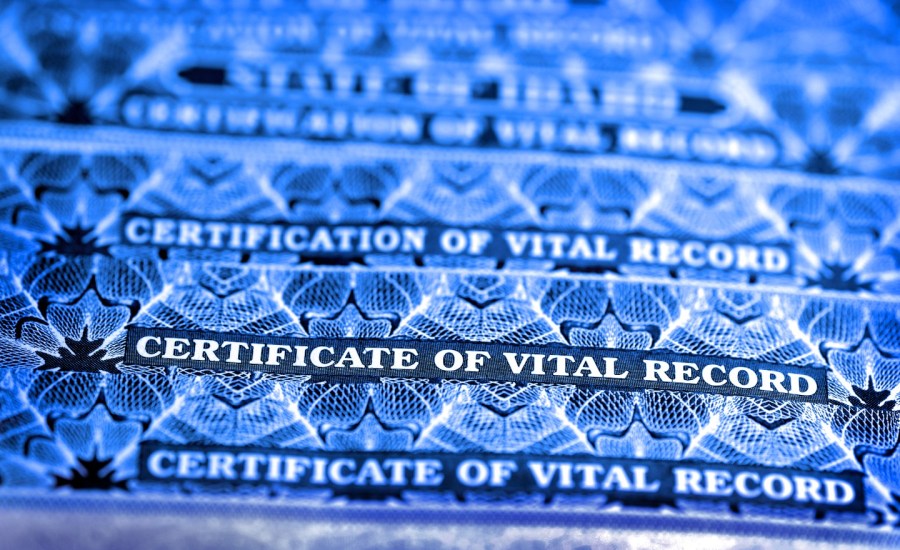 birth certificates in a filing cabinet