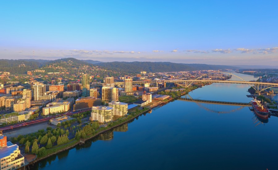 an aerial view of portland, Oregon, by a river