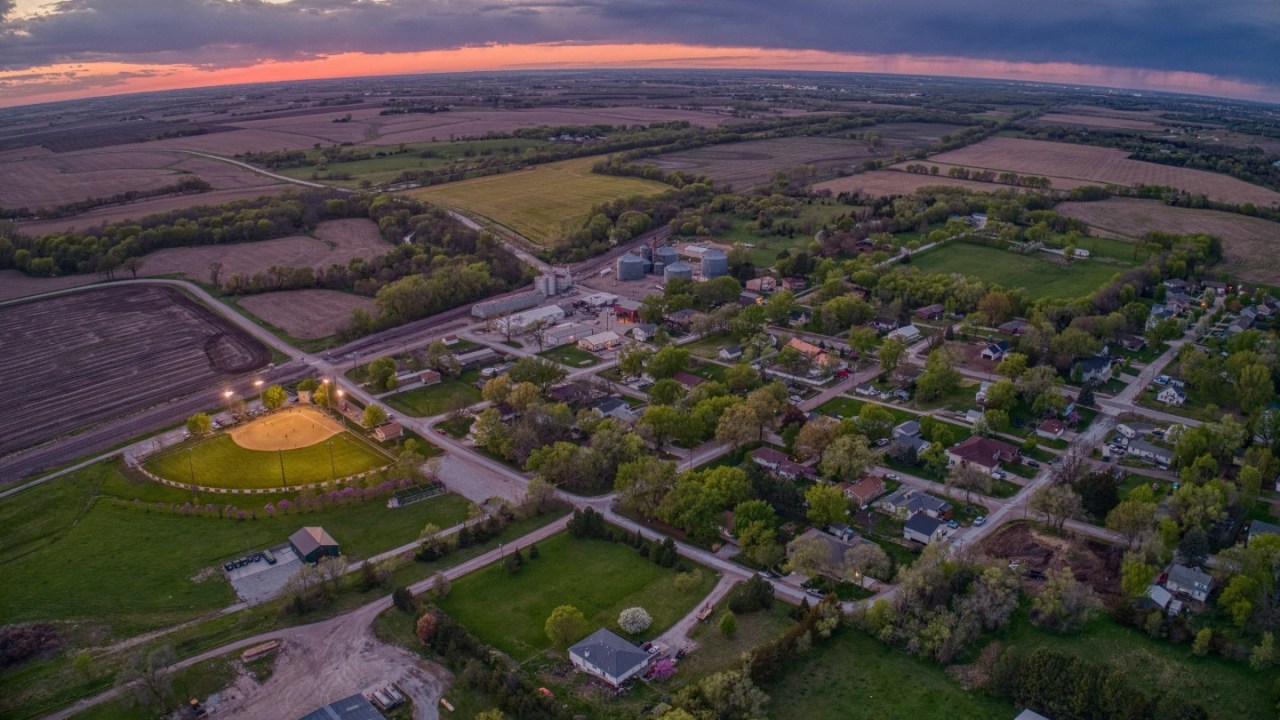 Aerial View of the small Village of Roca at Sunset in rural Nebraska