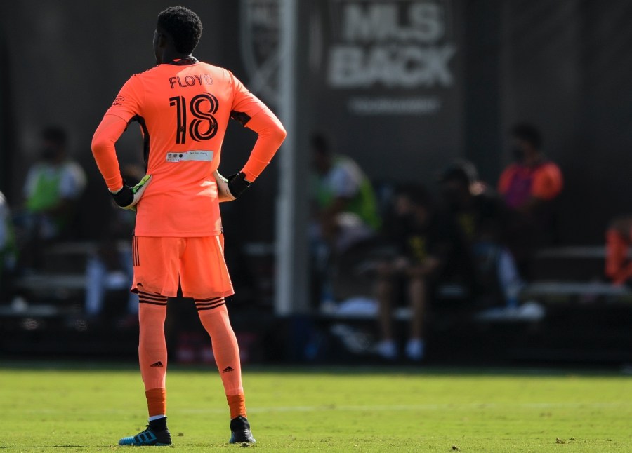 Andre Blake of Philadelphia Union stands on the field during the first half while against the New York City FC in the MLS is Back Tournament at ESPN Wide World of Sports Complex on July 9 in Reunion, Florida.