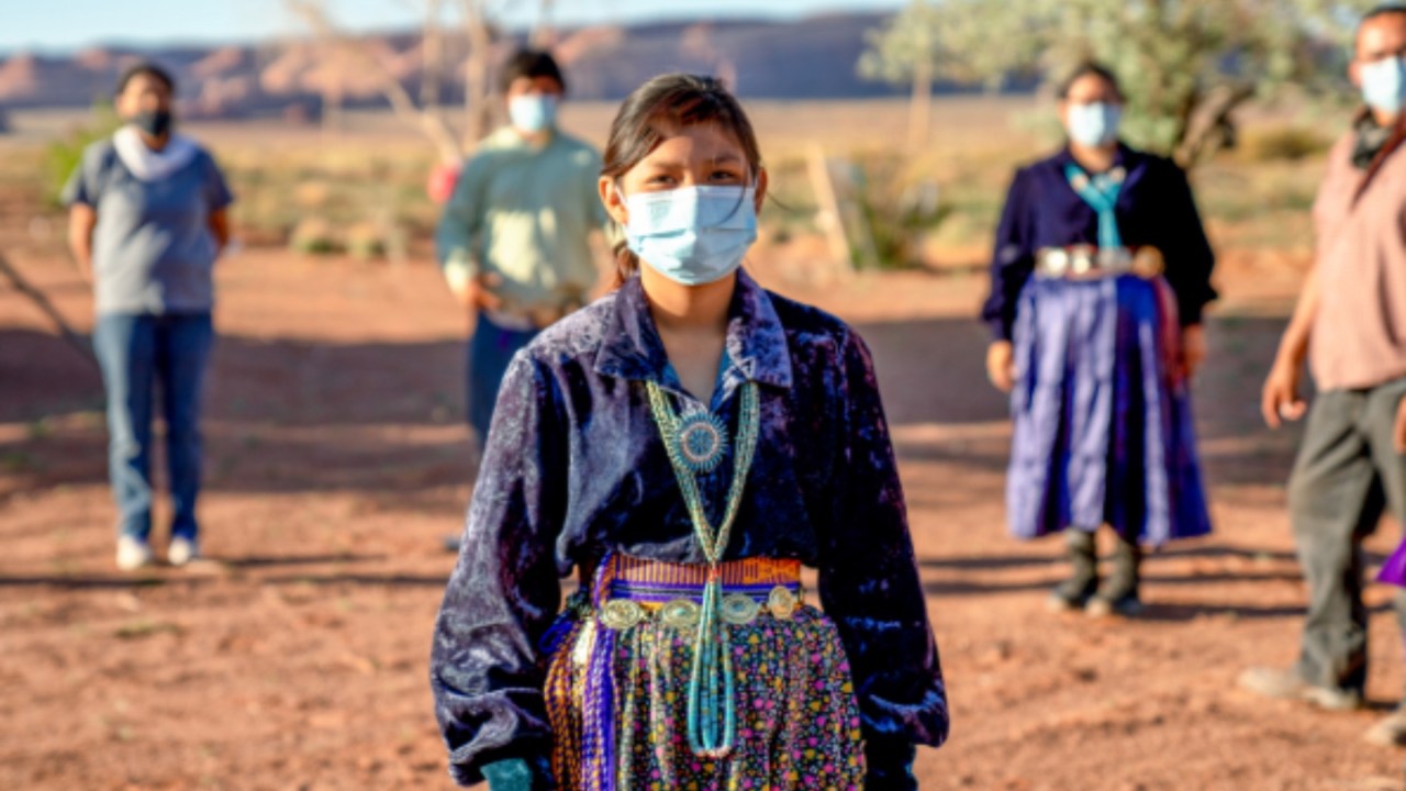 indigenous people in blue clinical masks to protect against coronavirus