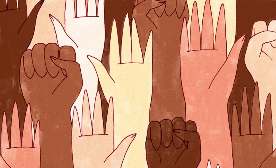 An array of hands, mostly black and POC, and some white, some holding the black power first