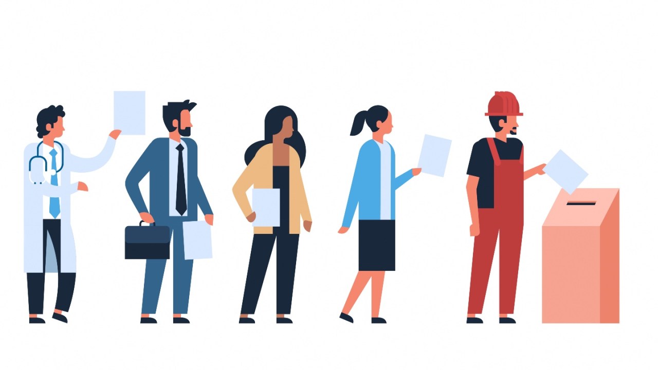 vector illustration of diverse people in a voting line