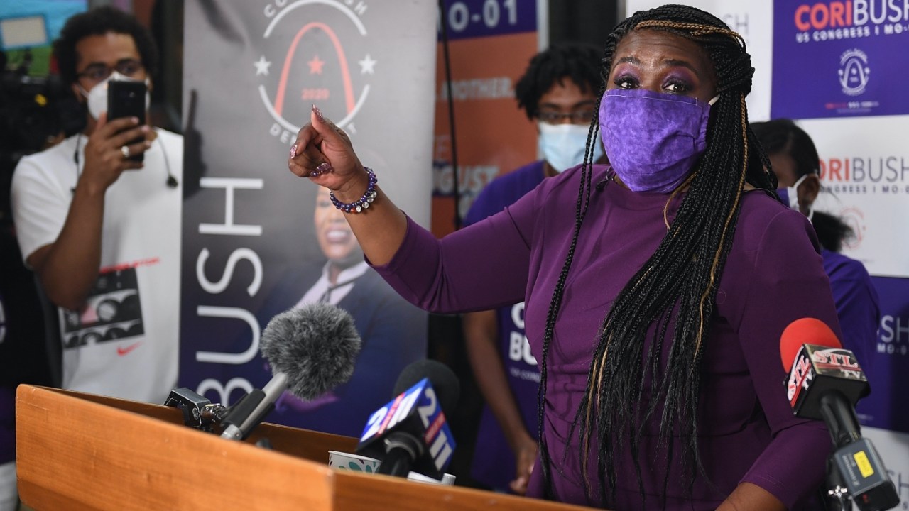 Missouri Democratic congressional candidate Cori Bush gives her victory speech at her campaign office on August 4, 2020 in St. Louis, Missouri.