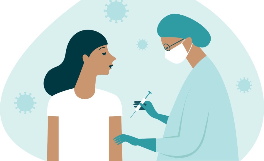 Doctor in protective suit inject vaccine shot to patient illustration
