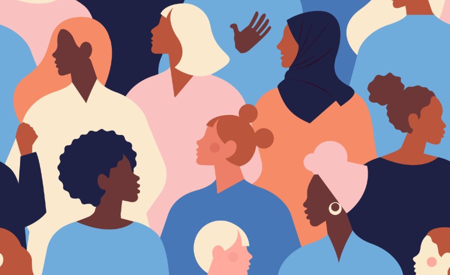 a vector illustration collage of diverse women facing in different directions