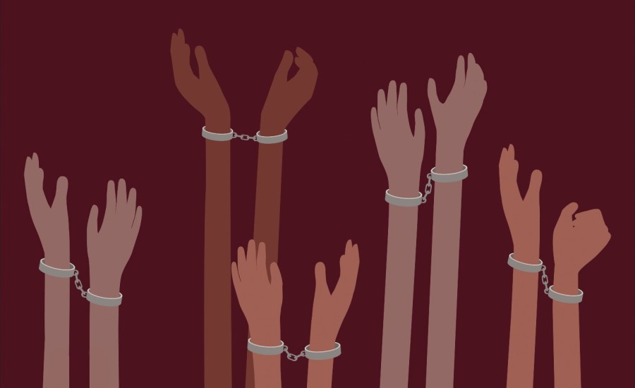 an illustration of hands of different colors in shackles held up against a maroon background