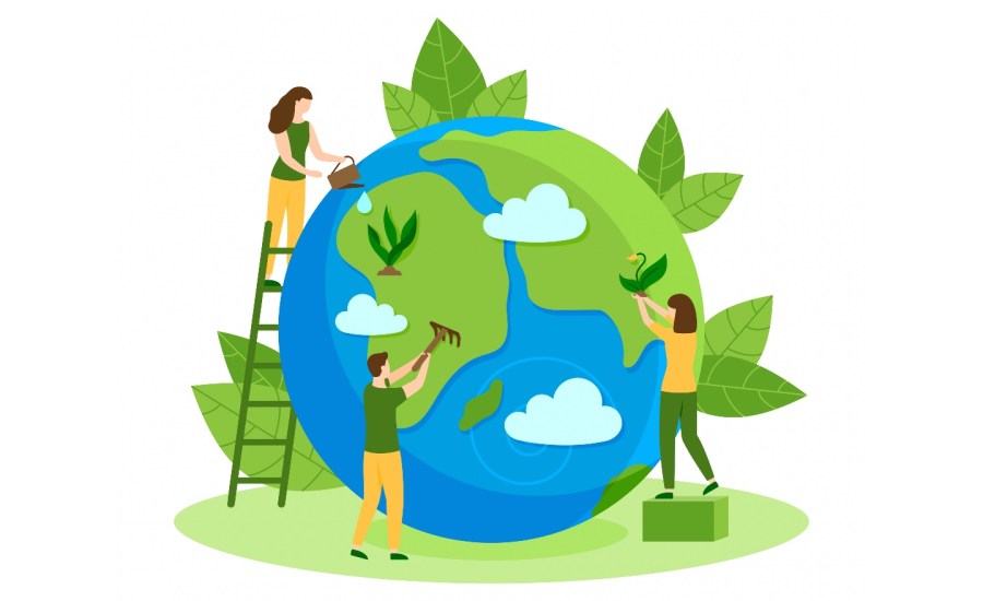 a vector illustration of the earth with three people caring for it to symbolize sustainability