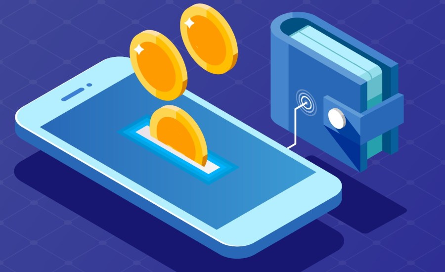 a vector illustration of coins falling into a slot in a cell phone attached to a virtual wallet