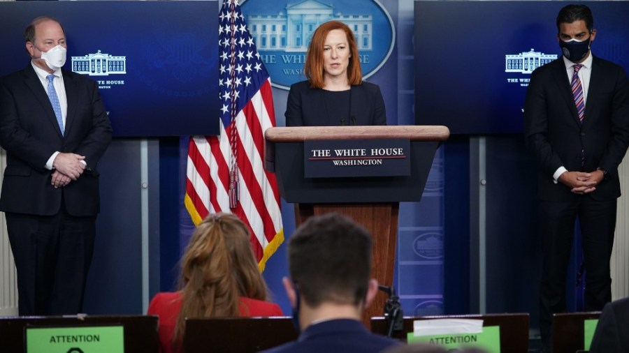 White House press secretary Jen Psaki introduces Detroit Mayor Mike Duggan, at left, and Miami Mayor Francis Suarez