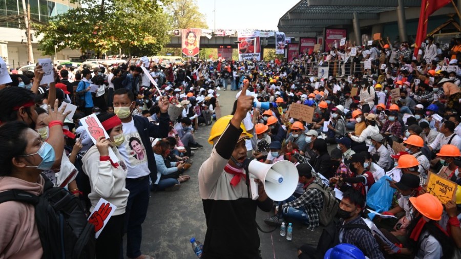 Crowds protest in Yangon, Myanmar