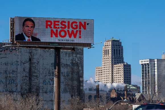 A billboard urges New York Gov. Andrew Cuomo (D) to resign