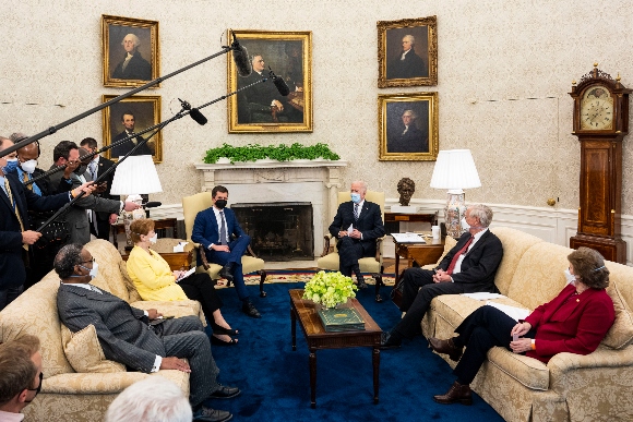 President Joe Biden speaks during a meeting with a bipartisan group of members of Congress