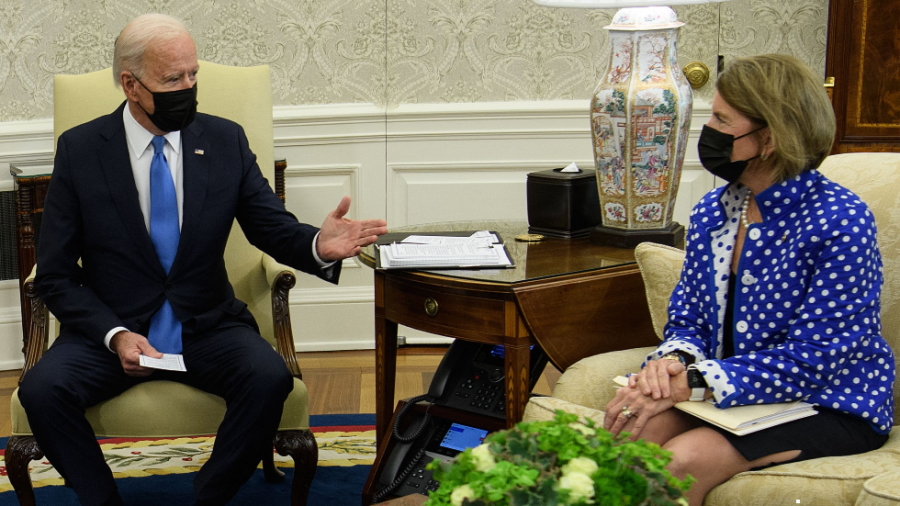 President Biden meets with Sen. Shelley Moore Capito (R-W.Va.) and other Republicans in the Oval Office