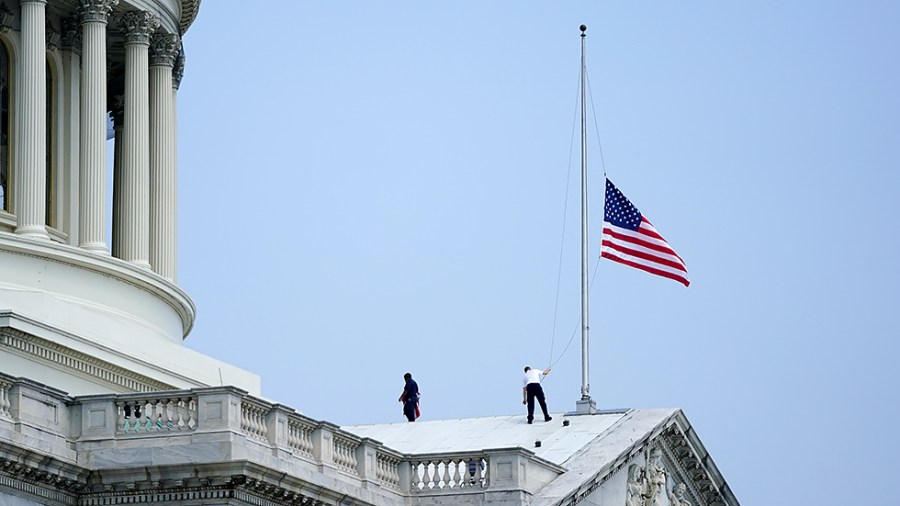 The American flag is set at half staff on honor of the late Sen. John Warner (R-Va.) on May 26