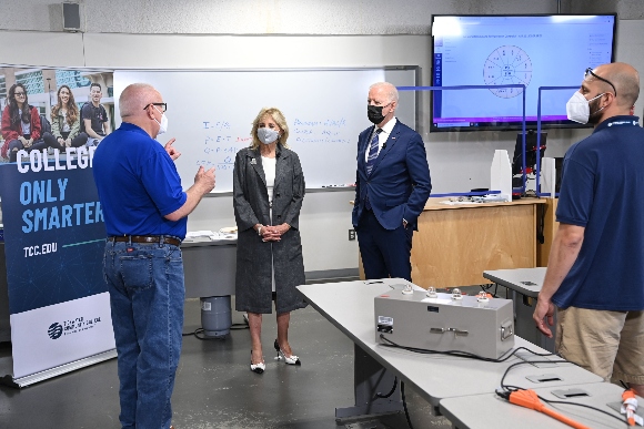 President Joe Biden and First Lady Jill Biden visit an HVAC workshop at Tidewater Community College.