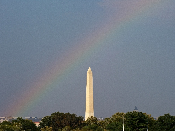 A rainbow is seen over the Washington Monument