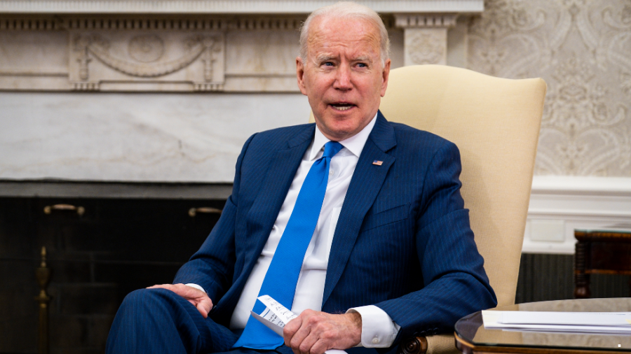 President Biden speaks with reporters during an Oval Office meeting with Afghanistan President Ashraf Ghani