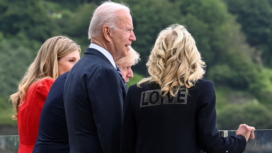 British Prime Minister Boris Johnson, his wife Carrie Johnson, President Biden and first lady Jill Biden look out over the sea at Cornwall in the United Kingdom