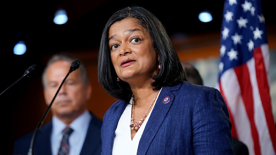 Rep. Pramila Jayapal (D-Wash.) addresses reporters regarding legislation on antitrust and internet companies on June 16