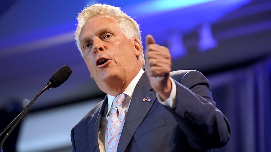 Virginia Democratic gubernatorial candidate Terry McAuliffe speaks to supporters at a primary night party on June 8