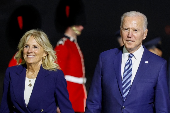 President Joe Biden and first lady Jill Biden arrive at Cornwall Airport Newquay