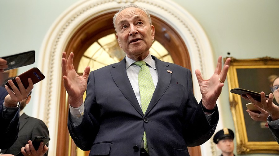 Majority Leader Charles Schumer (D-N.Y.) addresses reporters during the last of the vote of the day on June 24