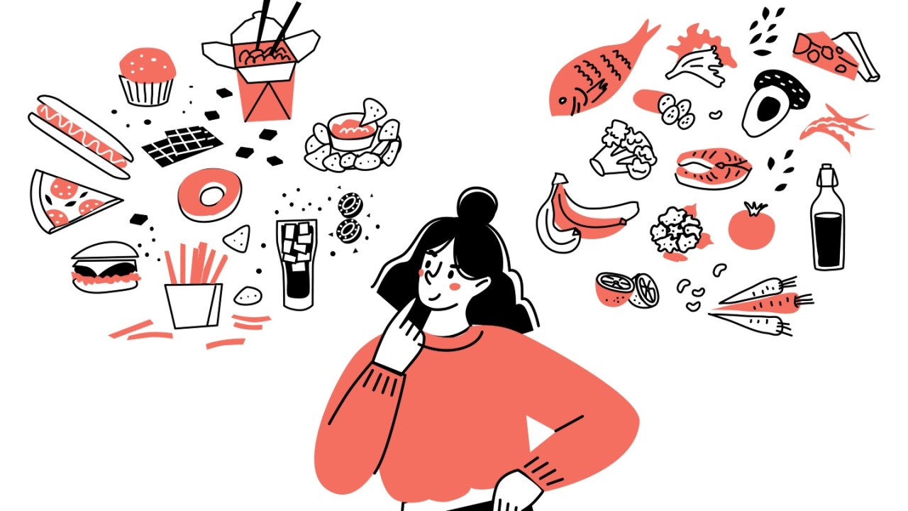 illustration of woman thinking about healthy and unhealthy foods