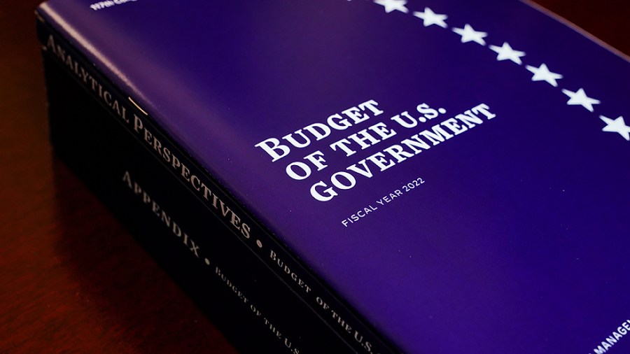 A copy of the FY 2022 budget from the Biden administration is arranged for a photograph on July 12