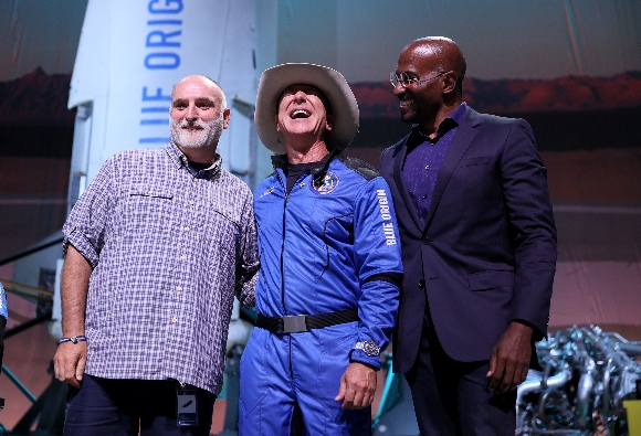 Jose Andres, Jeff Bezos and Van Jones at Blue Origin news conference