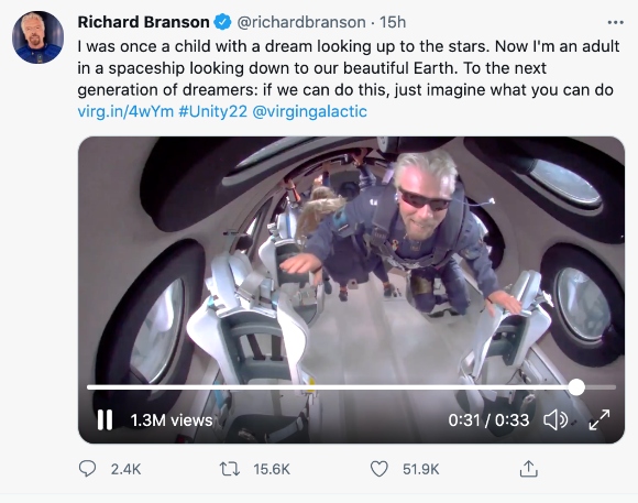 Richard Branson tweets a video from space