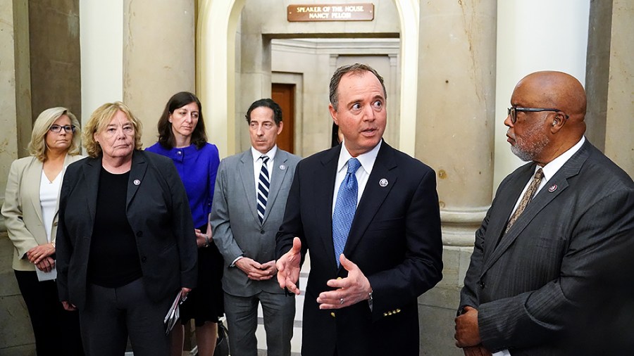 Rep. Adam Schiff (D-Calif.) and members of the Jan. 6 Select Committee address reporters after informally meeting on July 1