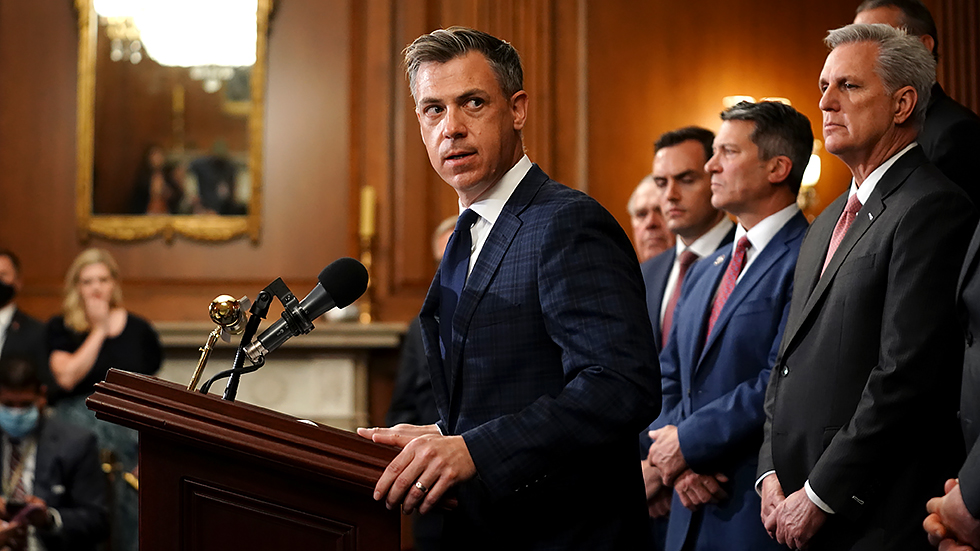 Rep. Jim Banks (R-Ind.) addresses reporters during a press conference on Tuesday, August 31, 2021 to discuss holding the Biden administration accountable for the withdrawal from Afghanistan. 