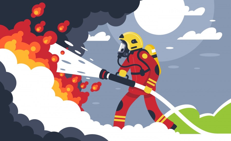 vector illustration of fire fighter in full gear putting out wildfire with a hose of water