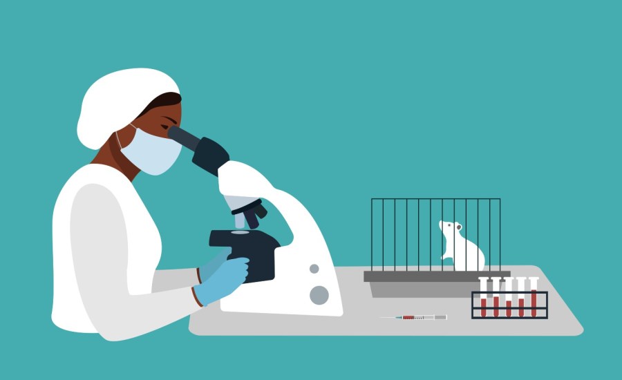 illustration of woman scientist looking at microscope with mouse in cage