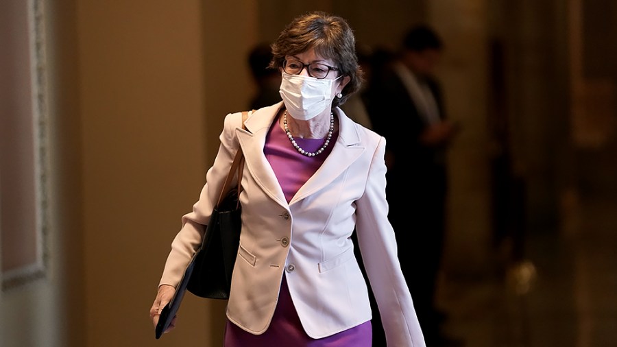 Sen. Susan Collins (R-Maine) leave the office of Minority Leader Mitch McConnell (R-Ky.) on Monday, August 9, 2021 as the Senate works on the bipartisan infrastructure bill.