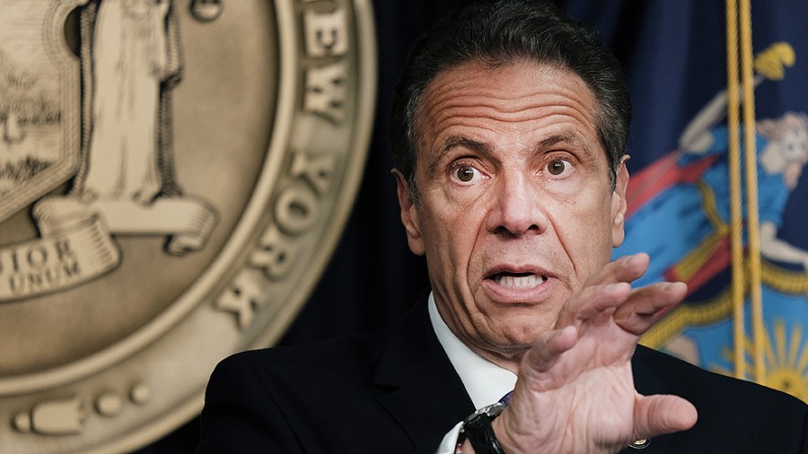 New York Governor Andrew Cuomo (D) addresses reporters at a press conference in New York City on May 5, 2021.