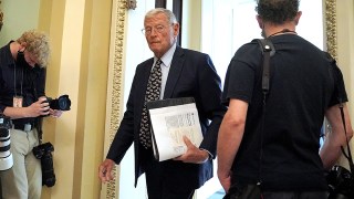 Sen. James Inhofe (R-Okla.) leaves a meeting with Senate Republicans to discuss the bipartisan infrastructure bill on Wednesday, July 28, 2021.