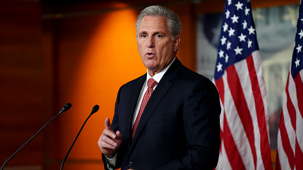 Minority Leader Kevin McCarthy (D-Calif.) addresses reporters during his weekly on-camera press conference on Wednesday, August 25, 2021.