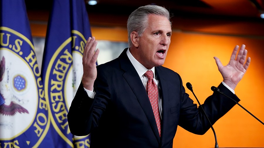 Minority Leader Kevin McCarthy (D-Calif.) answers a question regarding Afghanistan during his weekly press conference on Wednesday, August 25, 2021.