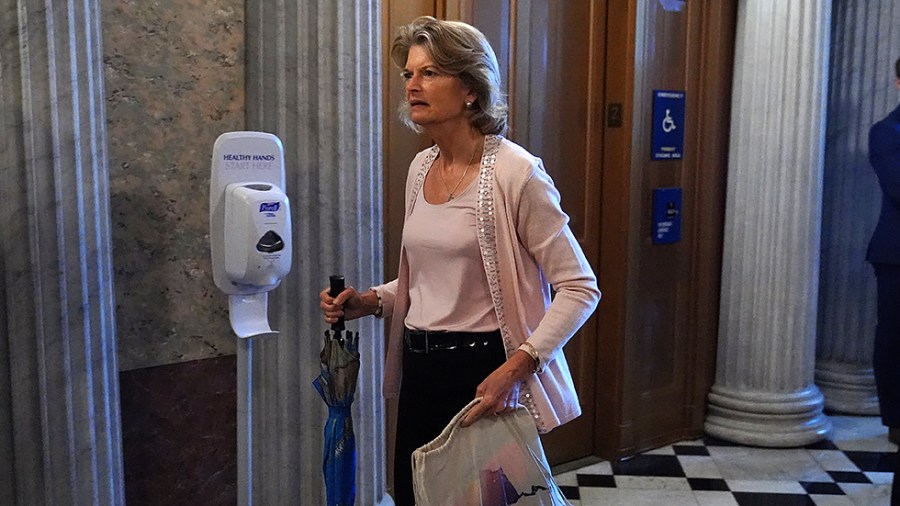 Sen. Lisa Murkowski (R-Alaska) arrives to the Capitol for a cloture vote regarding the bipartisan infrastructure bill on Saturday, August 7, 2021.