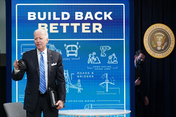 US President Joe Biden departs after taking part in a virtual meeting with governors, mayors and local officials