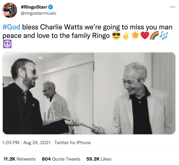 Ringo Starr says in a tweet he will miss Charlie Watts