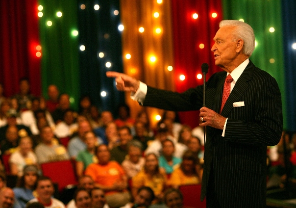 Television host Bob Barker speaks during the taping of the 35th Season premiere of "The Price Is Right"