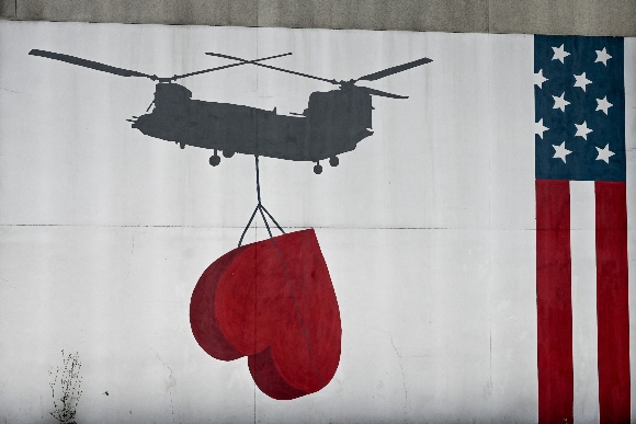 A wall mural painted on the wall of US embassy in Kabul