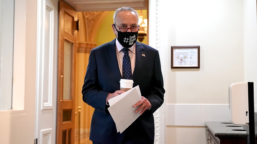 Majority Leader Charles Schumer (D-N.Y.) arrives for a press conference on Wednesday, August 11, 2021 to discuss the bipartisan infrastructure bill and the budget resolution as the Senate leaves for the August district work period.