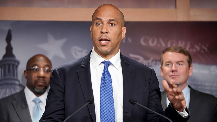 Sen. Cory Booker (D-N.J.) addresses reporters during a press conference on Thursday, July 15, 2021 to discuss the Child Tax Credit payments being sent out.